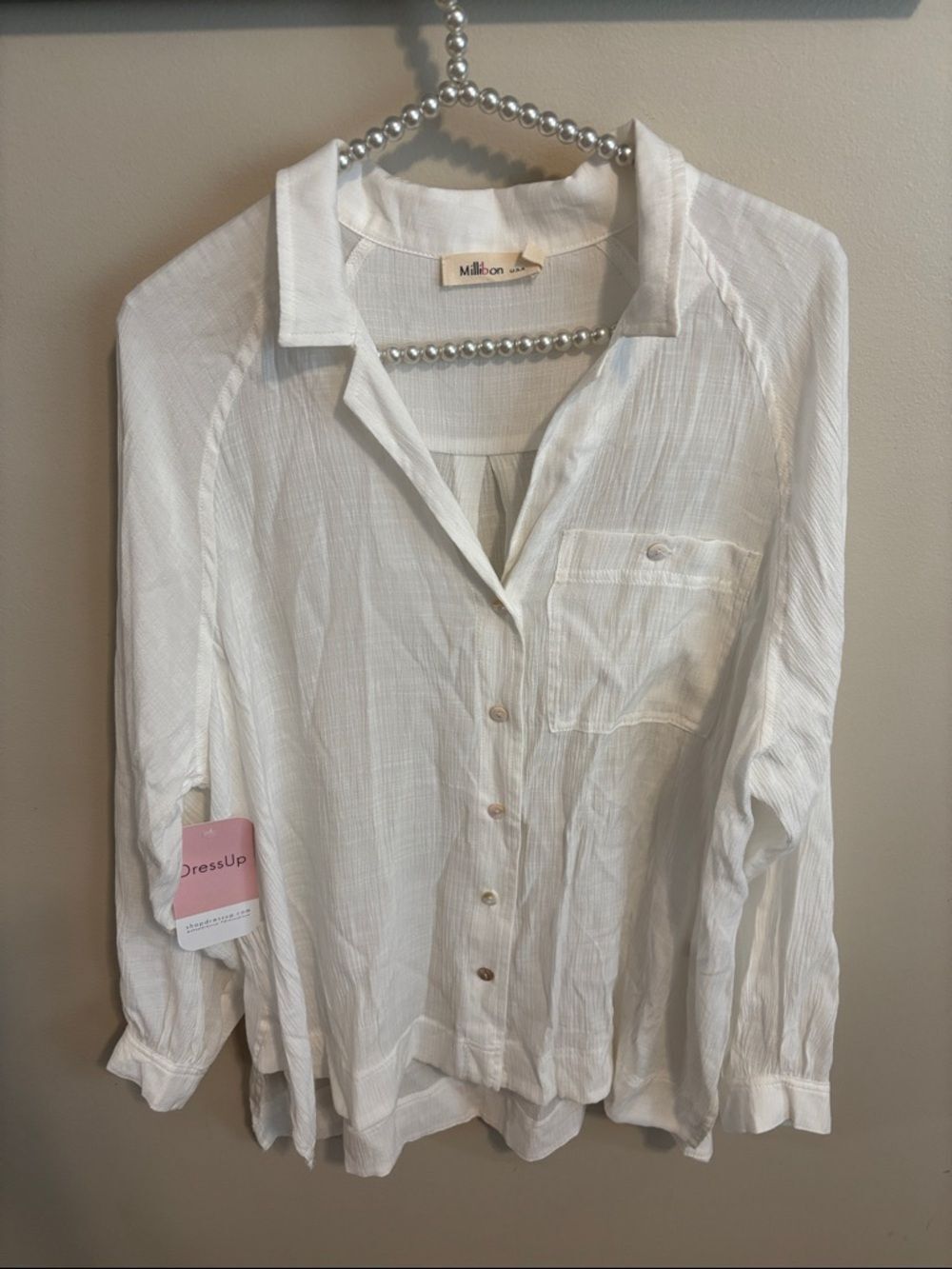 Millibon Dress Up White Crinkle Gauze Button Down Long Sleeve Shirt Womens Sz S